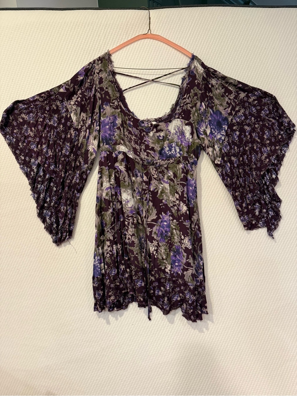 Free People Floral Peasant Blouse with Bell Sleeves - Purple size M FP